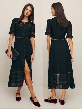New Reformation Woodson Dress Black Midi Button Front Lace Trim Short Sleeve 4